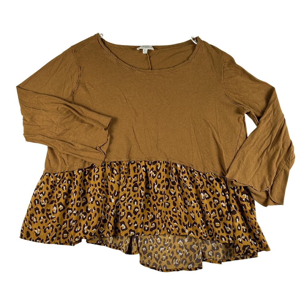 Umgee Top Womens 2XL Brown Leopard Print Ruffle Hem Tunic Long Sleeve Casual